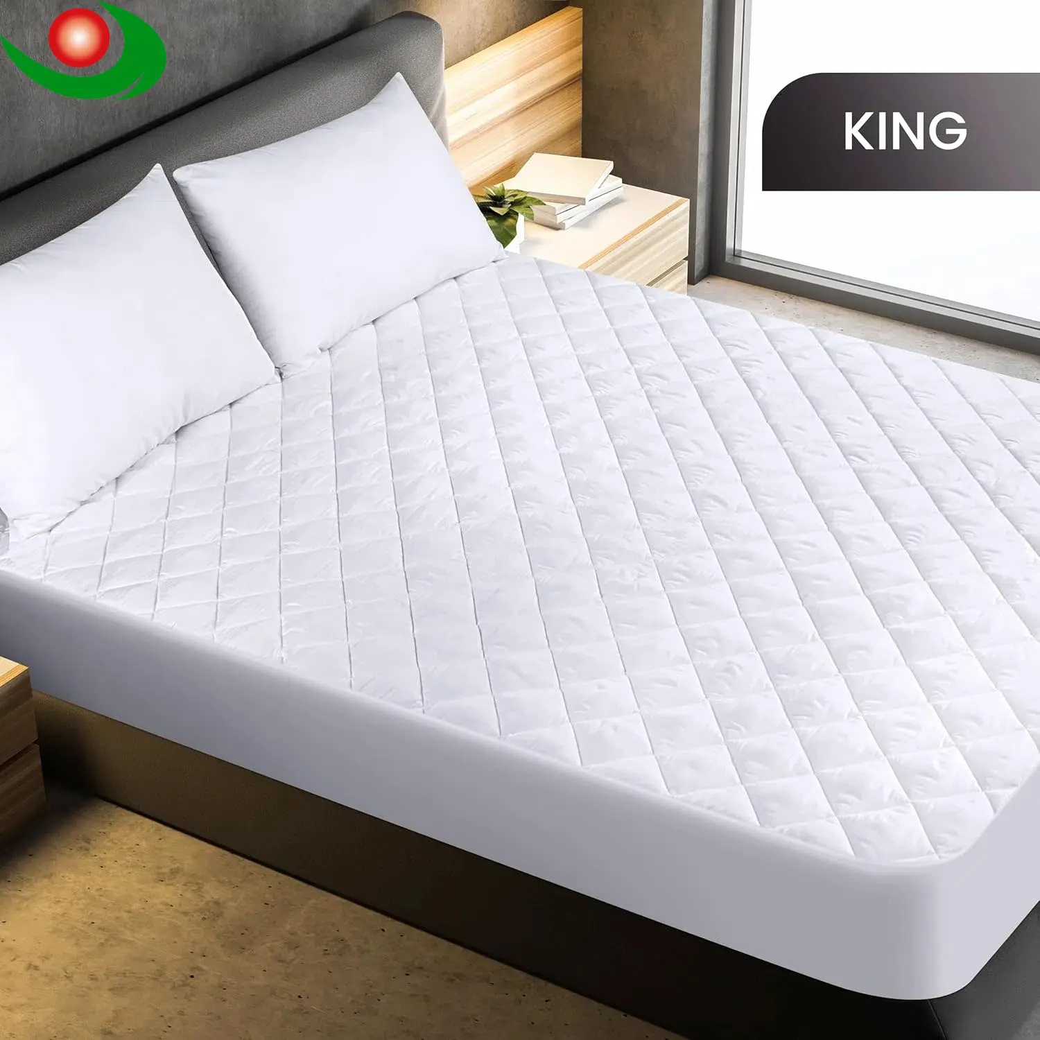 Bedding Quilted Fitted Mattress Pad,King Size, Elastic Fitted Mattress Topper Protector and Cover Stretches up to 16 Inches Deep, Machine Washable (White)